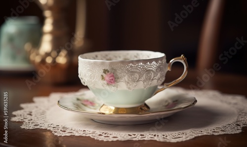  a tea cup and saucer on a doily on a table. generative ai