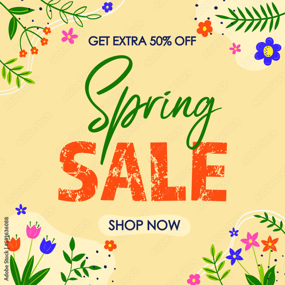 Obraz premium Spring Sale. Floral background. Spring decoration with colourful hand drawn flower and leaves. Vector illustration