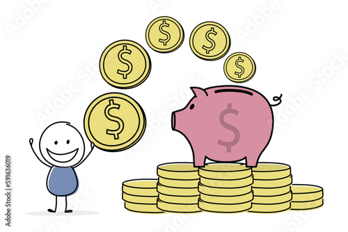 Money saving concept. Funny stickman with piggy bank. Vector