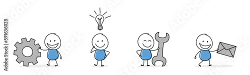 Collection of a happy stickman holding gearwheel, bulb, wrench, envelope sign. Cartoon style icons for a business presentation. Vector illustration