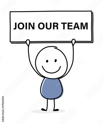 Concept of smiley stickman with text on a board - join our team. Vector