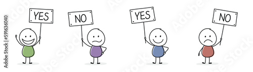 Funny stickmen holding plate with text - yes and no. Vector