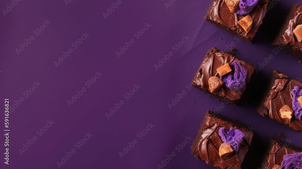 minimalistic Background with brownies and cake, top view, free Copy space, mock-up