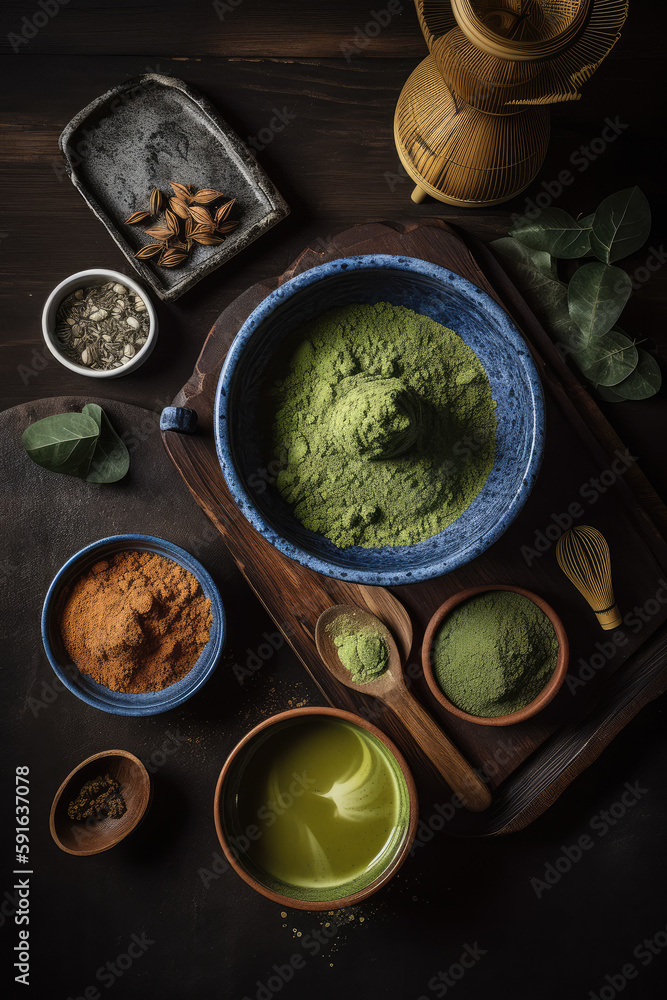 Green matcha tea, culture of Japan and China. Matcha powder, seasonings and spices, matcha whisk, Chasen, nuts. Generative AI.