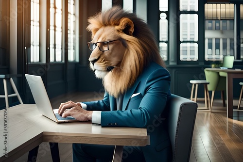 a lion with reading glasses working on the laptop 