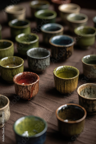 Tea cups, many green clay small cups for matcha, tea, espresso, craft. Generative AI.