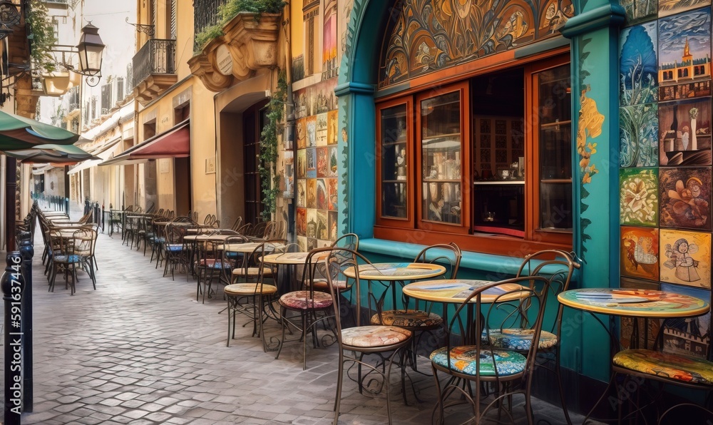 Obraz premium a row of tables and chairs sitting outside of a restaurant. generative ai