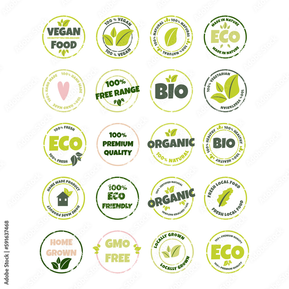 Set of eco, bio, organic and natural products sticker, logo, label, badge, icon. Vector illustration of textured grunge circle stamp, healthy food symbol, design element