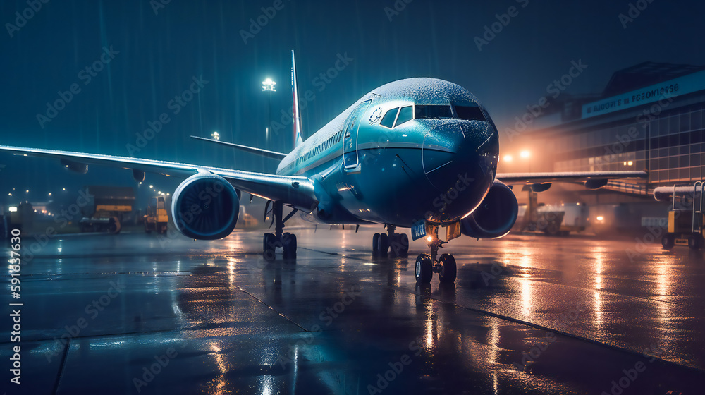 Nighttime Preparations. A Boeing Aircraft Readies for Takeoff. Generative AI Nighttime Preparations. A Boeing Aircraft Readies for Takeoff. Generative AI