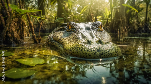 Beauty in the Beast. Alligator's Elegance in the Murk. Generative AI.Generative AI