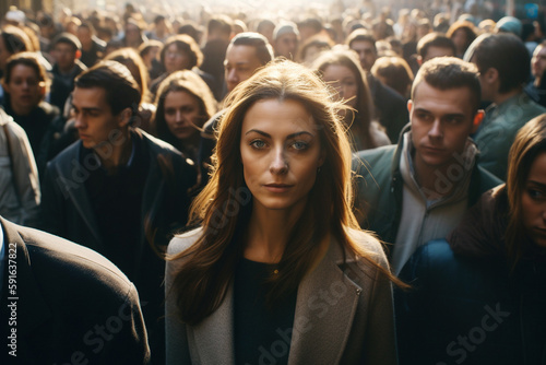 huge crowd and a close up view of a young beautiful woman who stands out, stand out from the crowd, be different and respect differences. Generative AI