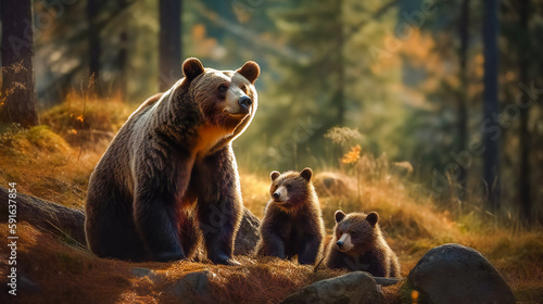 Bear family in the forest. Generative AI photo