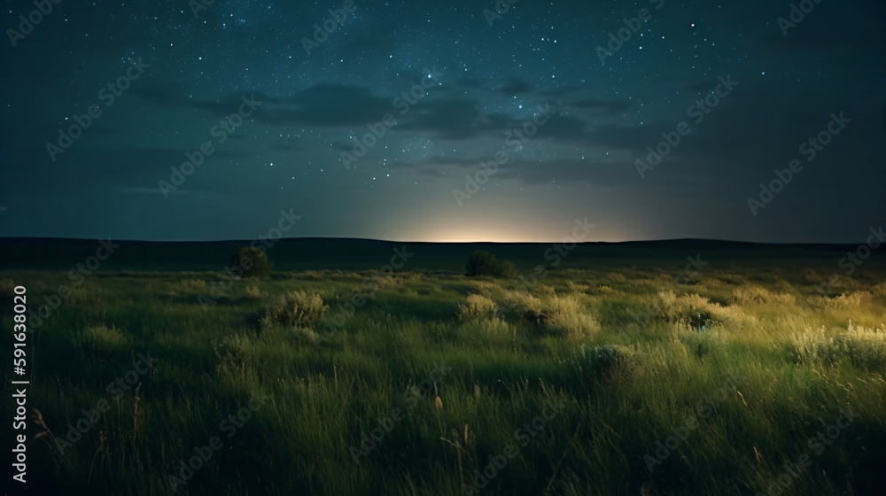 Expansive Green Field Illuminated by a Breathtaking Starry Night Sky. Generative AI