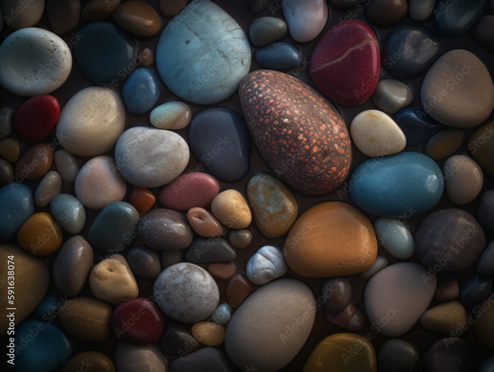 A Top-Down View of Beautifully Colored River Stones, a Mesmerizing Display of Nature's Artistry. Generative AI A Top-Down View of Beautifully Colored River Stones, a Mesmerizing Display of Nature's Artistry. Generative AI