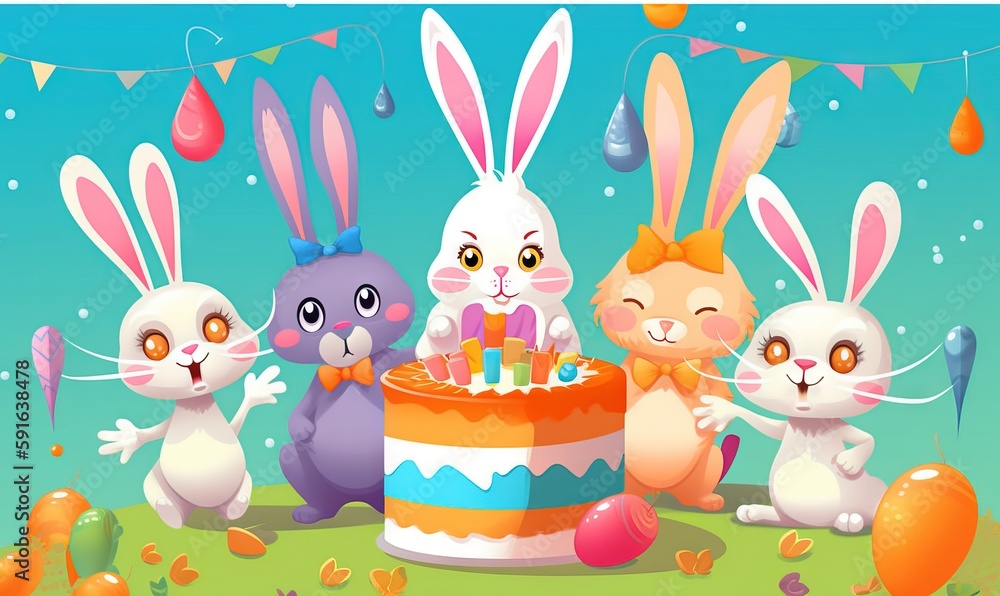 a group of rabbits standing around a birthday cake with candles. generative ai a group of rabbits standing around a birthday cake with candles. generative ai