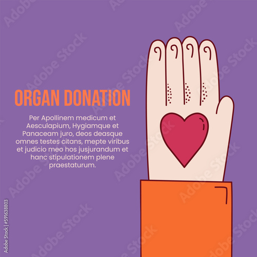 Organ donation poster with text showing hands and organ exchange for money; vector illustration in doodle flat style.