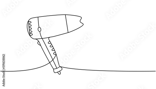 Hair dryer one line continuous drawing. Barber shop and hairdresser tools continuous one line illustration. Vector minimalist linear illustration.