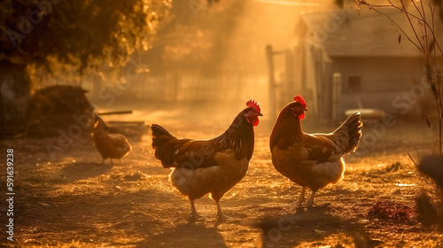 Hens, Roosters, and Chicks. Life on the Farm. Generatine AI.Generative AI
