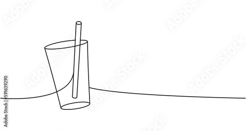 Glass with a straw one line continuous drawing. Empty glass or plastic bottle continuous one line illustration. Vector linear illustration.