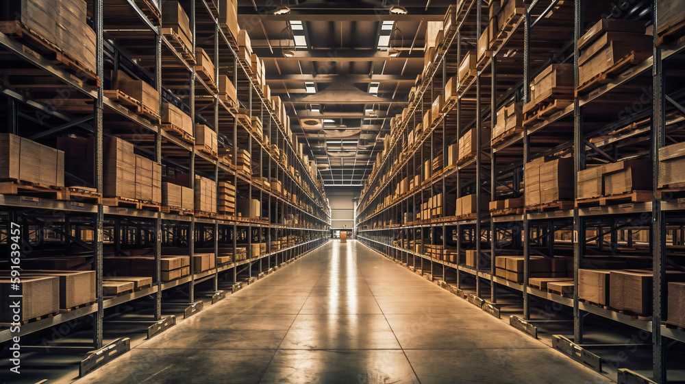 Fototapeta premium The Imposing Interior of a Massive Warehouse. Generative AI