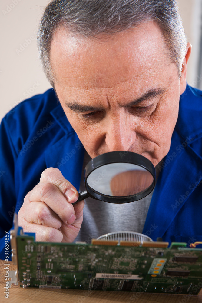 Man Looking at Circuit Board with Magnifying Glass in Studio Man Looking at Circuit Board with Magnifying Glass in Studio