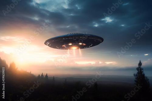 Mysterious UFO sighting over the distant horizon during a cloudy dusk. Generative AI
