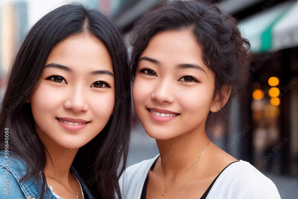 Portrait of a beautiful asian girls, city street as a background. Generative AI. Portrait of a beautiful asian girls, city street as a background. Generative AI.