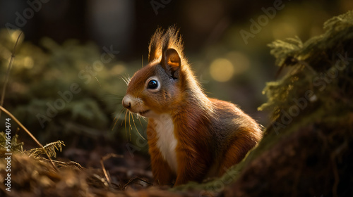 Red Squirrel in the Forest. Generative AI © EwaStudio