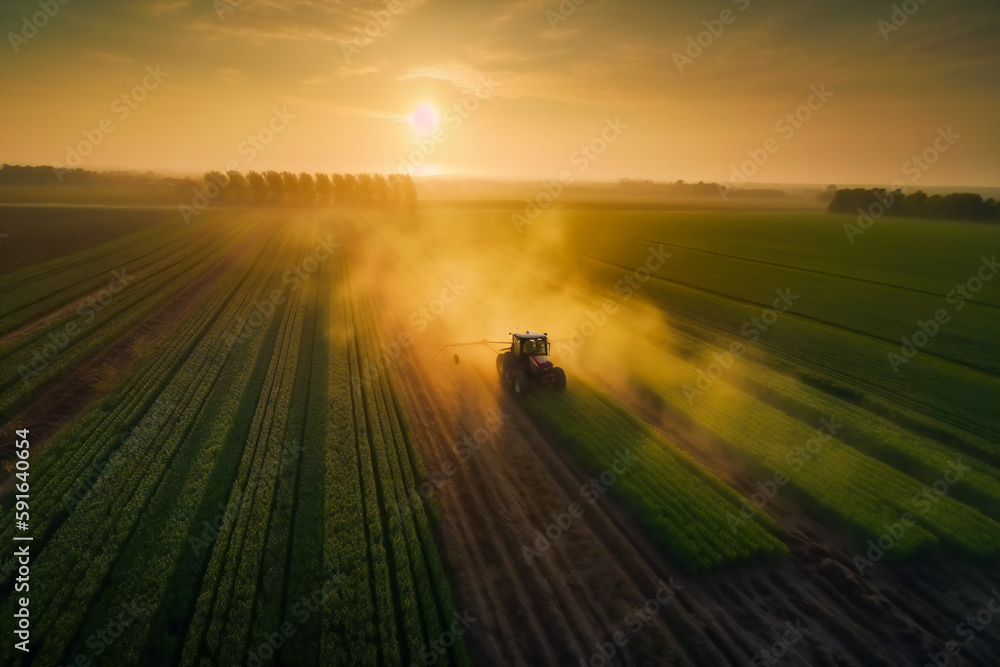 View of Tractor Spraying Pesticides on Soybean Fields.  Generative AI - obrazy, fototapety, plakaty 