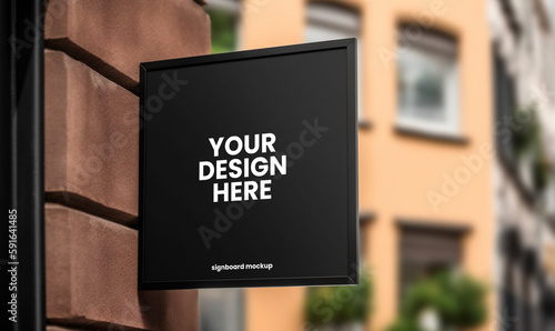 Black square signboard mockup in outside for logo design, brand presentation for companies, ad, advertising, shops. photo