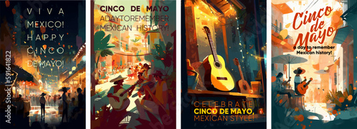 Cinco de mayo. Music festival. Set of watercolor vector illustrations. Invitation card design. Vector art.