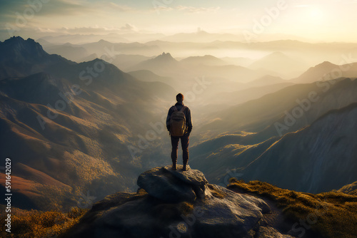a person standing at the top of a mountain, looking out at the stunning view. Generative AI.... © EwaStudio