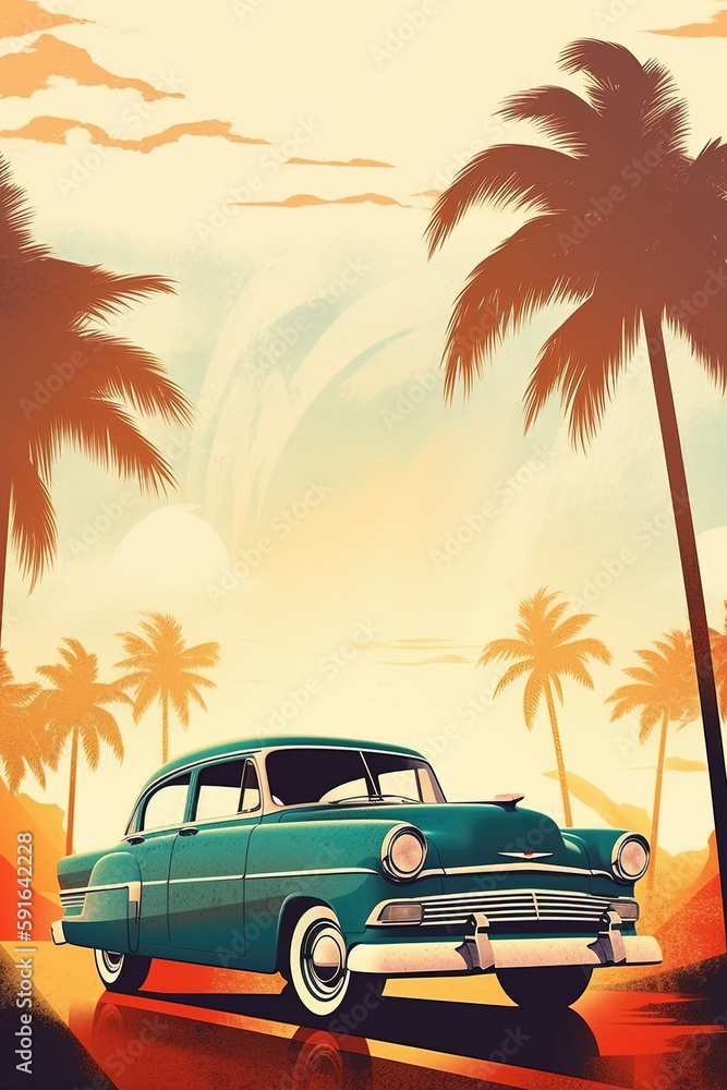 Vintage poster with retro car, no text. created with Generative AI technology.