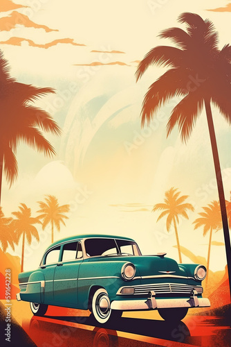 Vintage poster with retro car, no text. created with Generative AI technology.