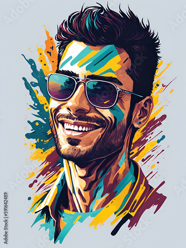 Beautiful happy man wearing trendy sunglasses. AI generated illustration