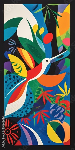 Mixed media floral illustration featuring a hummingbird, linocut and kirigami techniques, made with Generative AI 