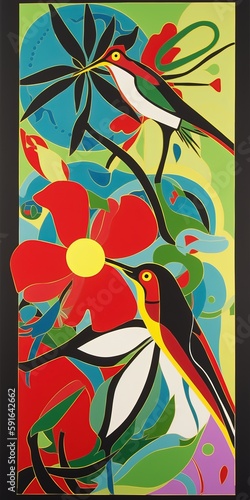 Mixed media floral illustration featuring a hummingbird, linocut and kirigami techniques, made with Generative AI 