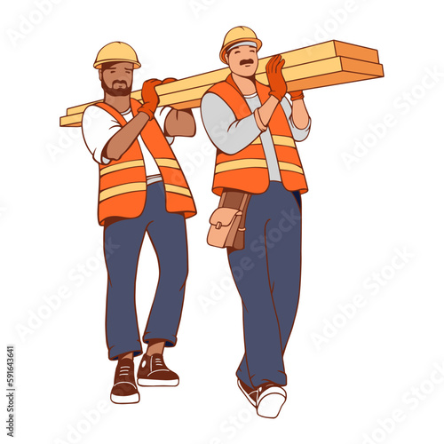 Two builders carry planks. Carpenter repairman. Building work services. Vector.