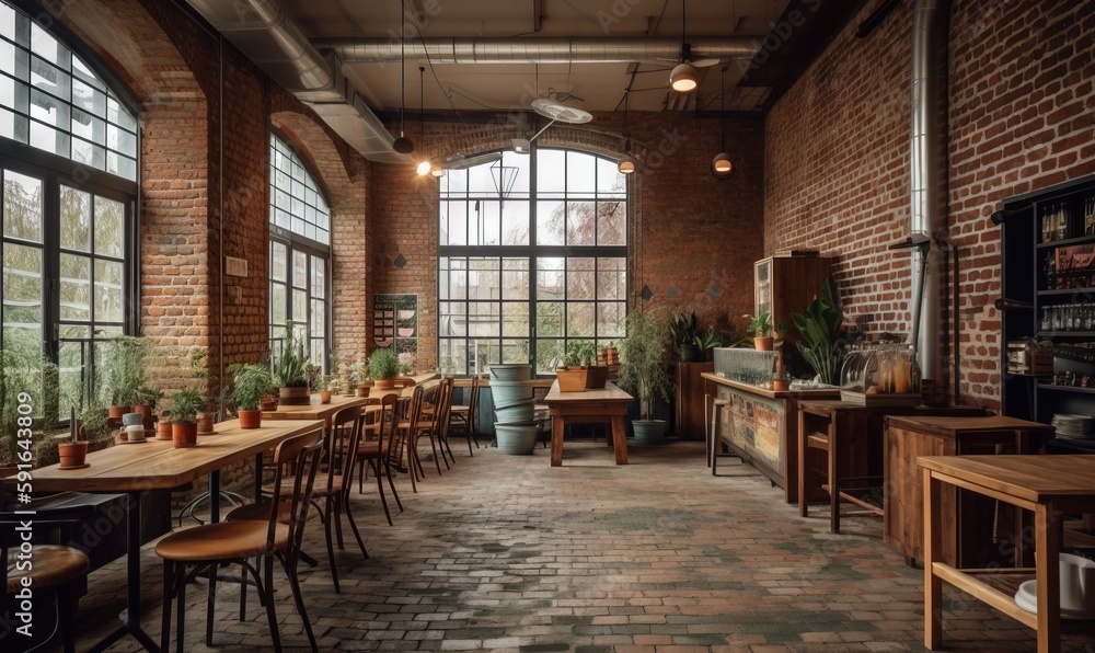  a restaurant with a brick wall and large windows and tables and chairs.  generative ai