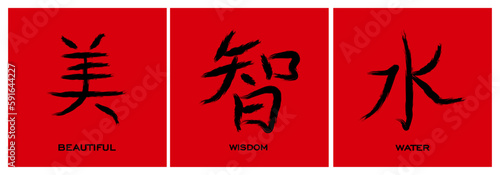 Set of Chinese vector symbols Beautiful, Wisdom, Water. Black Chinese letter calligraphy hieroglyph isolated on red background. Vector hand drawn illustration