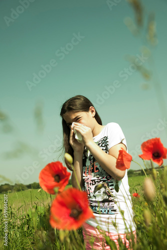 Girl having Allergic Reaction to Plants, Mannheim, Baden-Wurttemberg, Germany photo