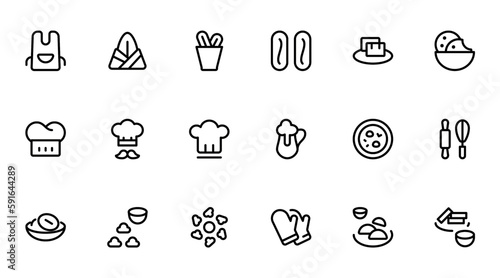 Cooking related, Chef element icon vector set design with Editable Stroke. Line, Solid, Flat Line, thin style and Suitable for Web Page, Mobile App, UI, UX design.