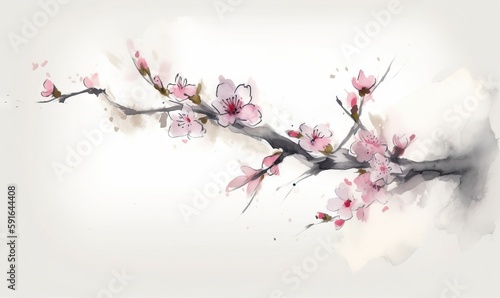  a painting of a branch with pink flowers on a white background.  generative ai © Anna