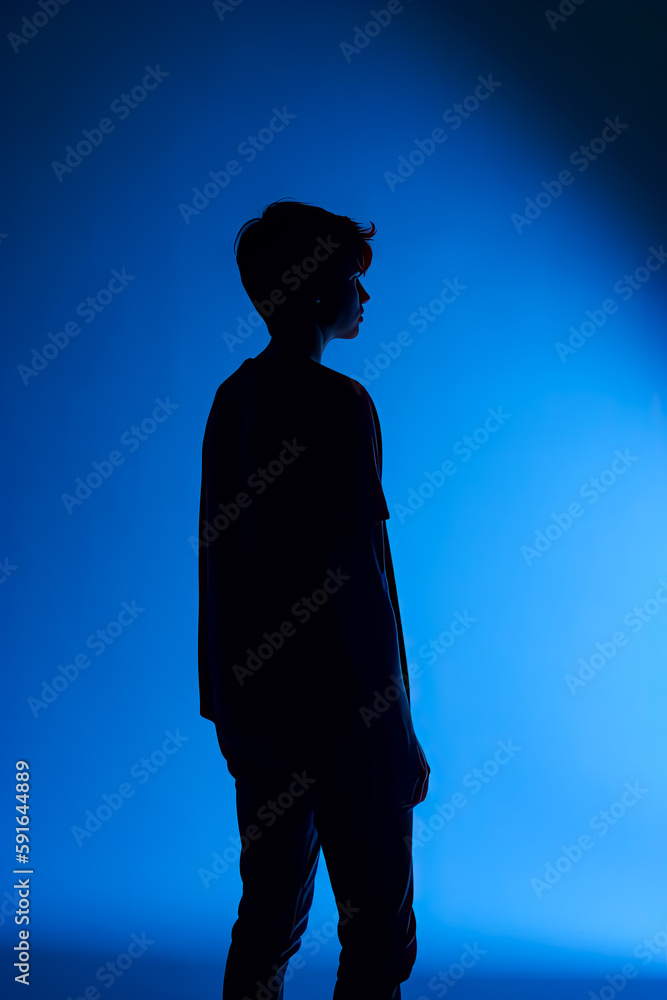 Man in silhouette standing, blue background. Generative AI.
