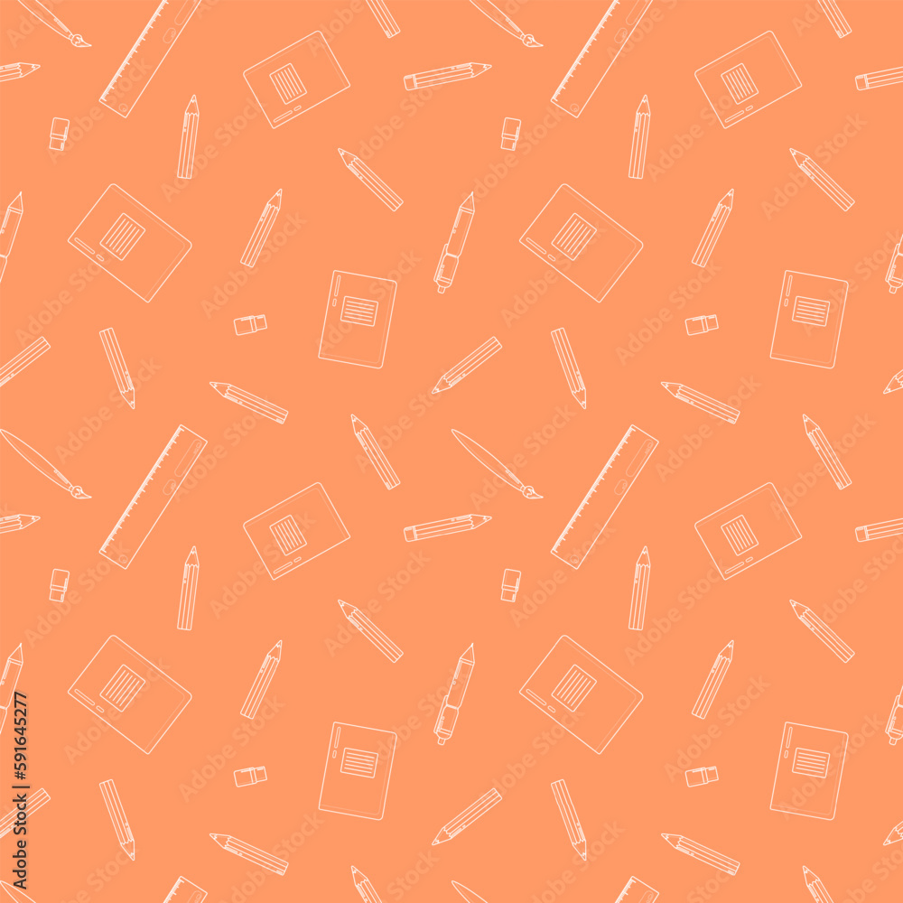 School supplies seamless pattern with line icons. Study tools orange background - pencil, pen, ruler, color pencils, notebook, vector illustration. Colored wallpaper for stationery sale brochure. School supplies seamless pattern with line icons. Study tools orange background - pencil, pen, ruler, color pencils, notebook, vector illustration. Colored wallpaper for stationery sale brochure.