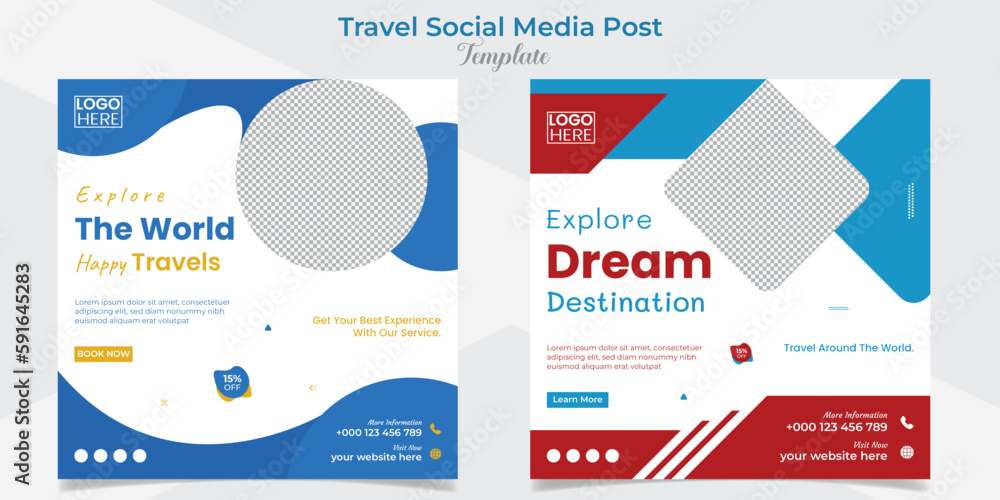 Travel and tour square flyer post banner and social media post template design set