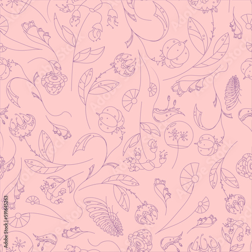 Seamless pattern with fantasy flowers  natural wallpaper  floral decoration curl illustration on pink background. Fantastic print  hand drawn elements. Home decor.