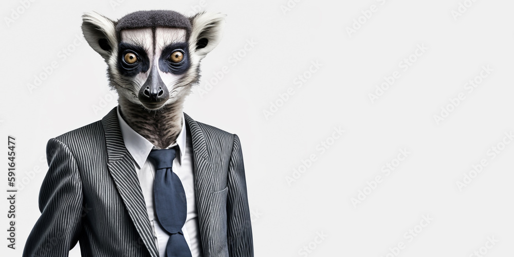 A man with the head of a lemur and in an office suit, on an isolated background. Generative AI A man with the head of a lemur and in an office suit, on an isolated background. Generative AI