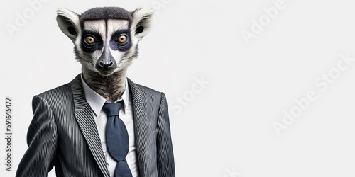 A man with the head of a lemur and in an office suit, on an isolated background. Generative AI photo