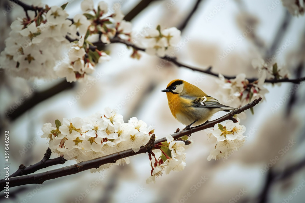 A bird sits on a branch of a cherry tree with white flowers in the background. A bird sits on a branch of a cherry tree with white flowers in the background.